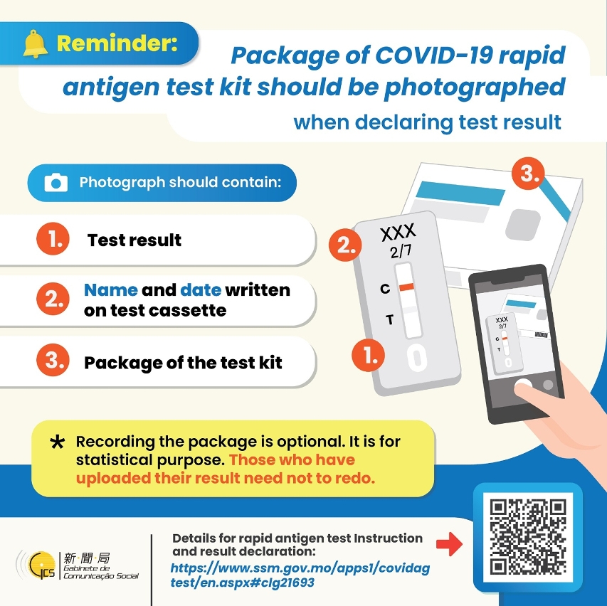 Package of COVID-19 rapid antigen test kit should be photographed when declaring test result.