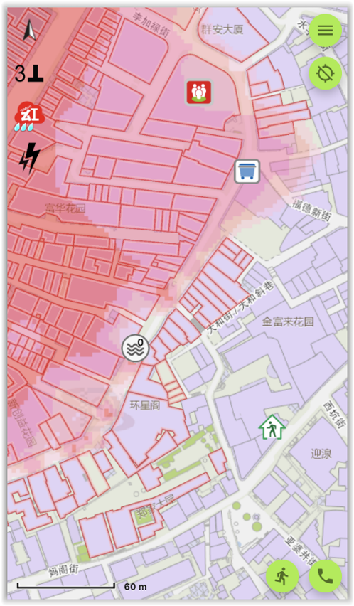 《應急地圖通》提供各級風暴潮預期受影響地區、 預期受暫停供電措施影響區域及避險中心位置等應急地理資訊。