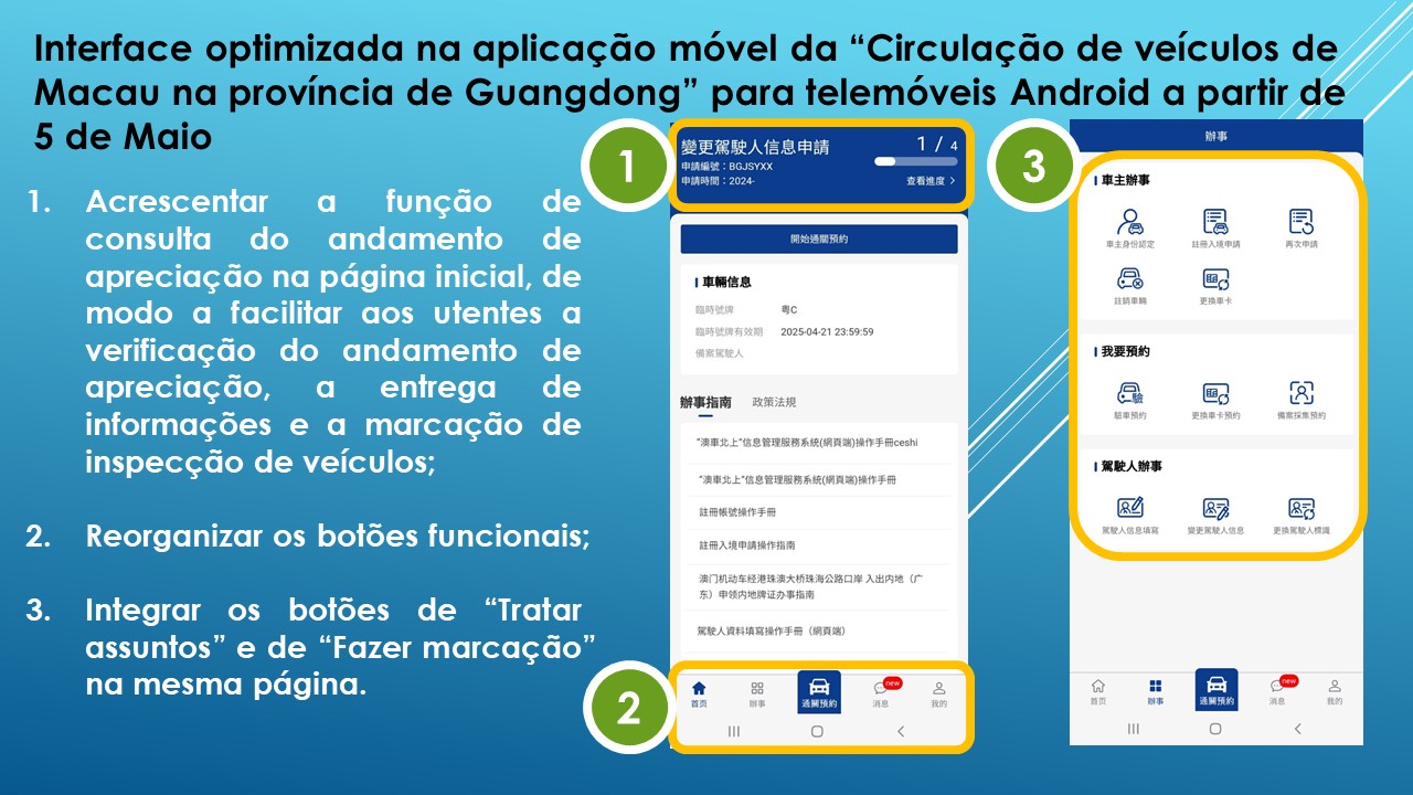 Interface optimizada na aplicação móvel da “circulação de veículos de macau na província de guangdong” para telemóveis android a partir de 5 de maio