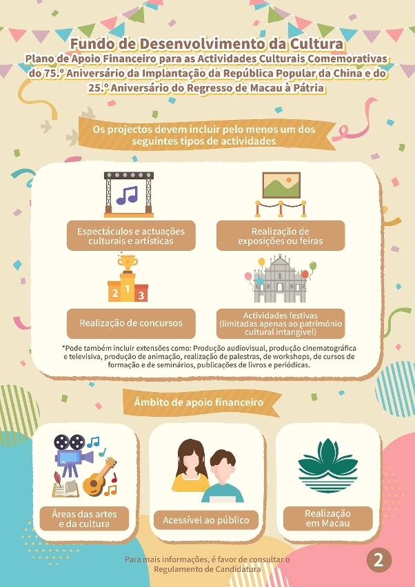 plano de apoio financeiro para as actividades culturais comemorativas do 75.º aniversário da implantação da república popular da china e do 25.º aniversário do regresso de macau à pátria (2)