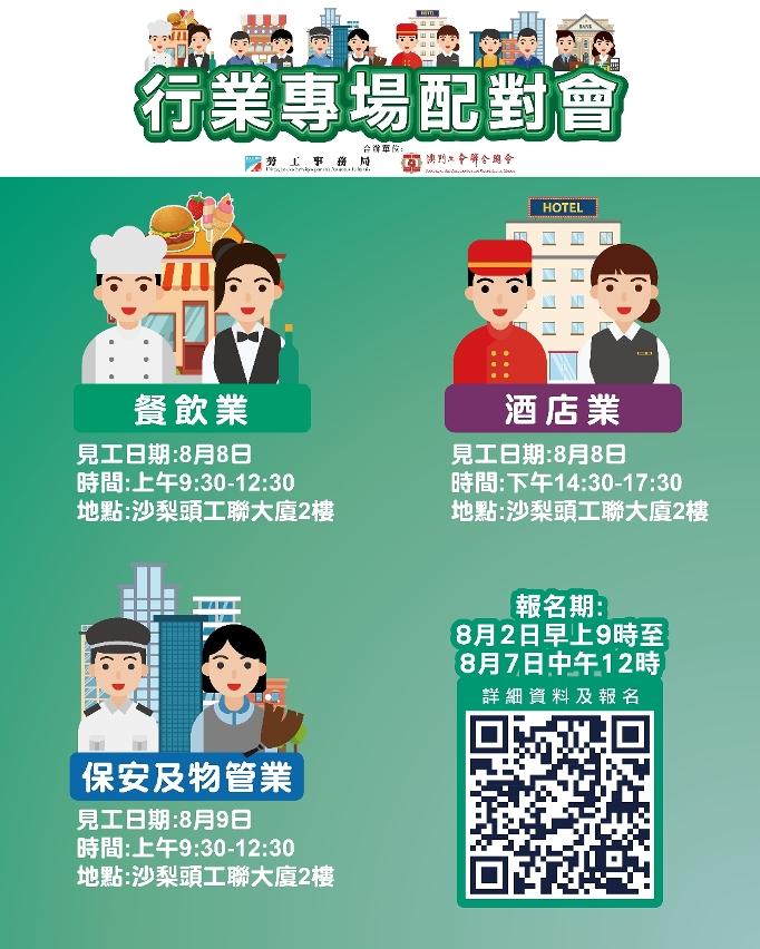 勞工局8月第二周舉辦3場配對會 提供180個職缺