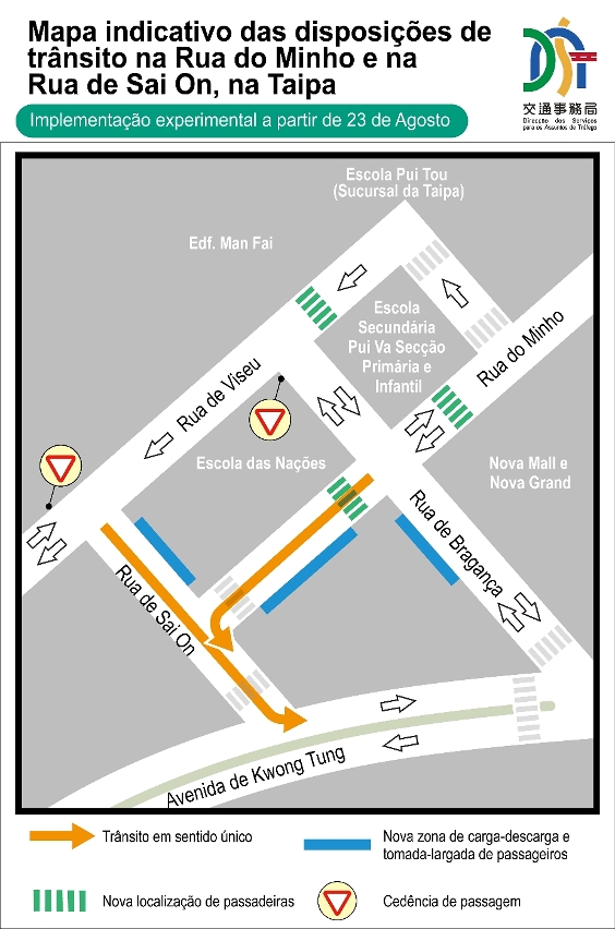 Mapa indicativo das disposições de trânsito na rua do minho e na rua de sai on, na taipa