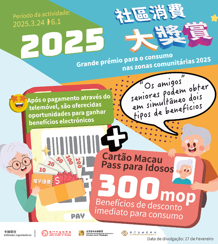 Infografia - Os idosos podem, ao mesmo tempo, beneficiar dos descontos imediatos no valor de MOP300 e obter benefícios electrónicos através do pagamento por telemóvel