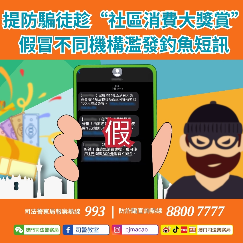 司警局呼籲提防騙徒趁社區消費大獎賞假冒不同機構濫發釣魚短訊