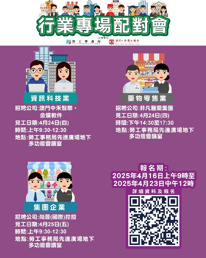 勞工局4月第四周舉辦3場配對會