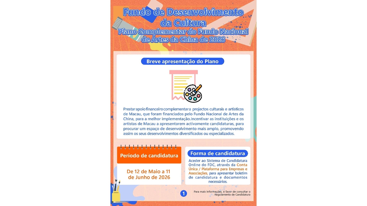 Serão aceites candidaturas ao “Plano Complementar do Fundo Nacional de Artes da China de 2026”