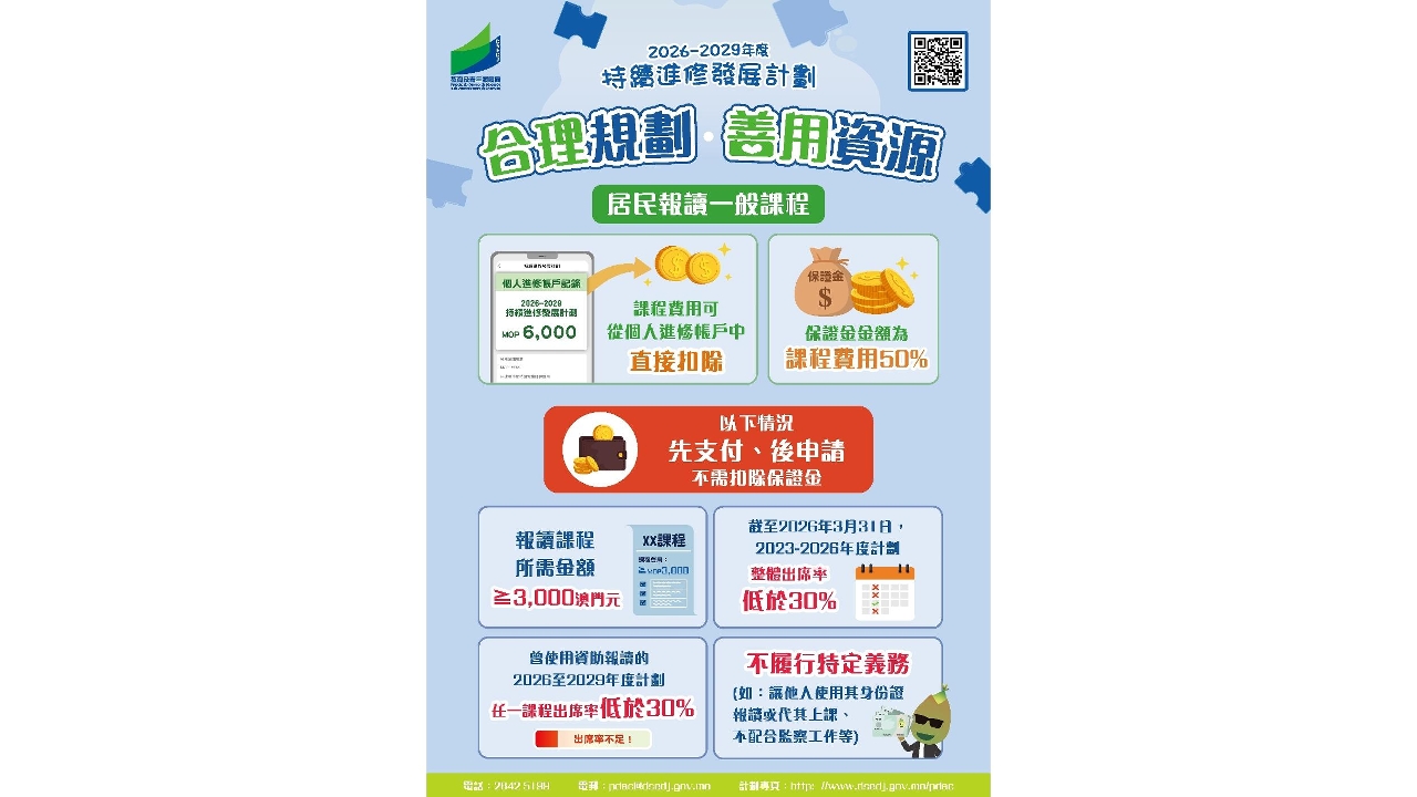 6月中可報讀2026-2029年度“持續進修發展計劃”課程 教青局提醒居民報讀前做好規劃妥善運用資源