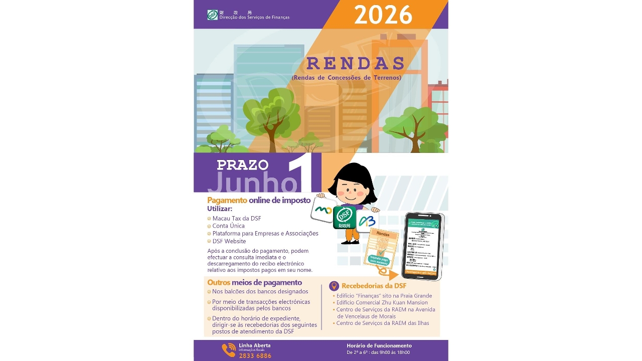 O prazo para o pagamento das rendas (rendas de concessões de terrenos) do ano de 2026 vai até ao dia 1 de Junho