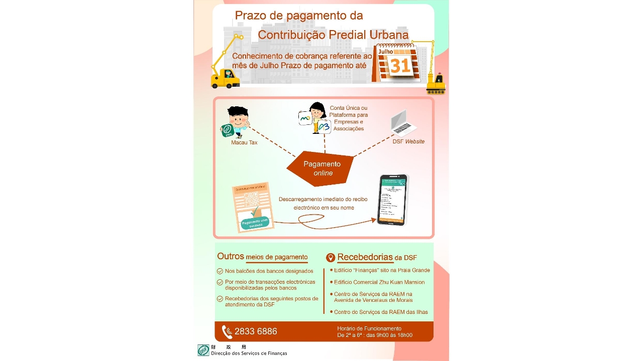 O prazo para o pagamento da Contribuição Predial Urbana, respeitante ao mês de Julho, vai até ao dia 31 de Julho