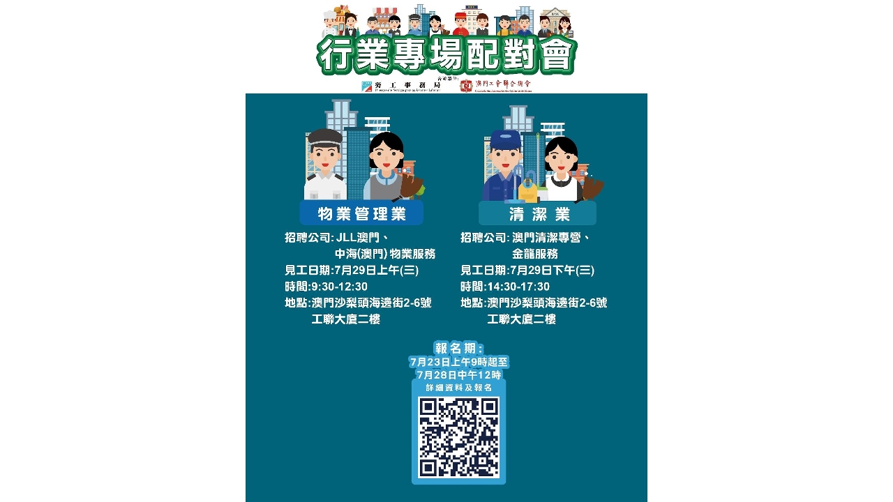 勞工局與工聯7月底舉辦兩場行業專場配對會　提供逾40個職缺