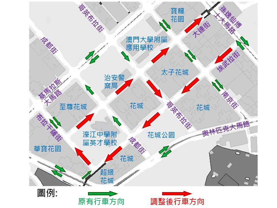 氹仔中心區道路行車方向臨時調整示意圖