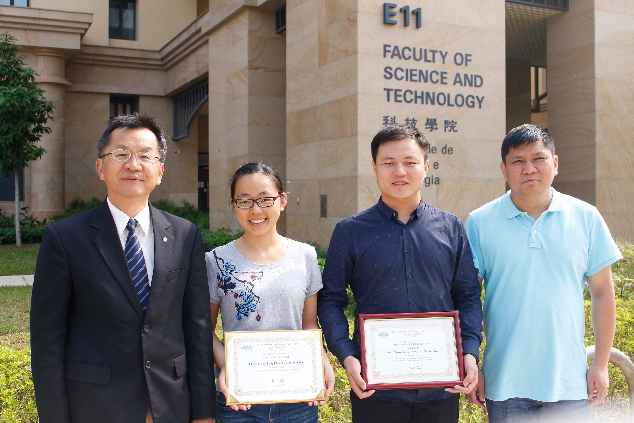 UM students Ren Chang’e (1st from left) and Zhang Tong (1st from right) with Dr Chen Long (right) and Prof Philip Chen