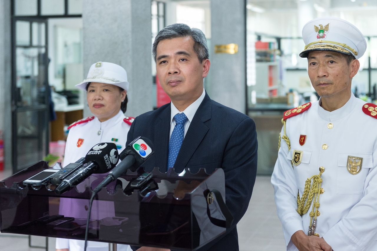Secretary for Security, Mr Wong Sio Chak, meets the press.
