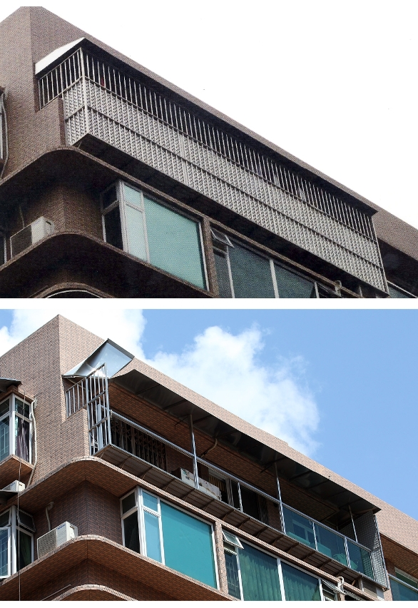 違法人先僭建花籠（上圖），後並進一步改裝成陽台（下圖）。