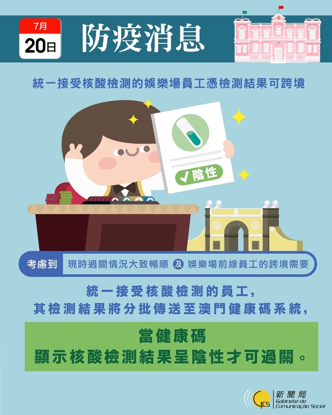 娛樂場員工憑檢測結果可跨境統一接受核酸檢測的