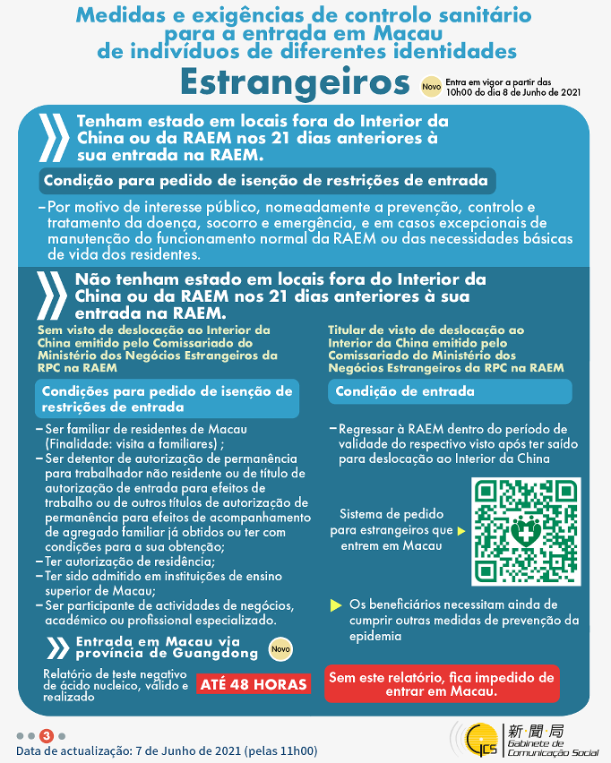 Medidas e exigências de controlo sanitário para a entrada em Macau de indivíduos de diferentes identidades.
