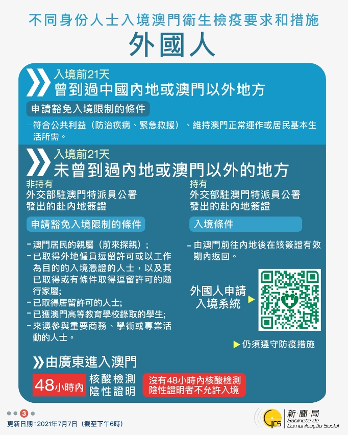 不同身份人士入境澳門衛生檢疫要求和措施