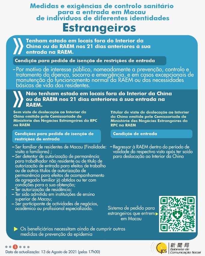 (Infografia)Medidas e exigências de controlo sanitário para a entrada em Macau de indivíduos de diferentes identidades, actualizadas no dia 13 de Agosto de 2021