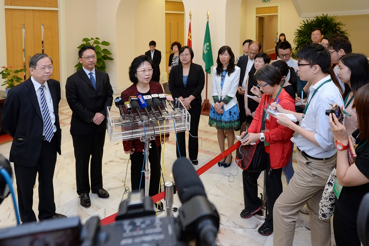 The Secretary for Administration and Justice, Ms Florinda Chan, and Hong Kong's Secretary for Justice, Mr Rimsky Yuen, and Secretary for Security, Mr Lai Tung-kwok meet the press after a joint meeting to discuss mutual legal assistance.