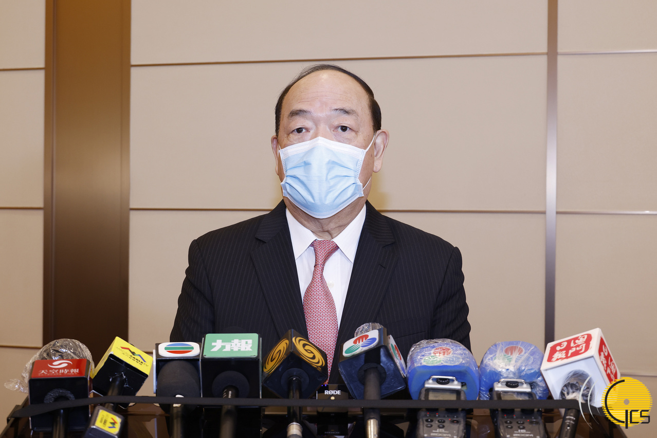 The Chief Executive, Mr Ho Iat Seng, speaks to reporters.