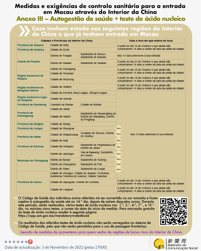 Medidas e exigências de controlo sanitário para a entrada em Macau de indivíduos de diferentes identidades.