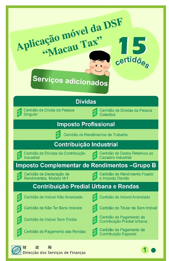 Aplicação móvel da Direcção dos Serviços de Finanças MACAU TAX   Serviços adicionados  15 Certidões