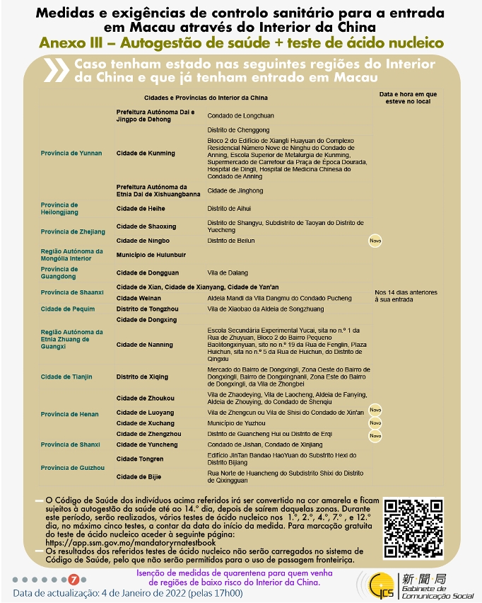 Medidas e exigências de controlo sanitário para a entrada em Macau de indivíduos de diferentes identidades.