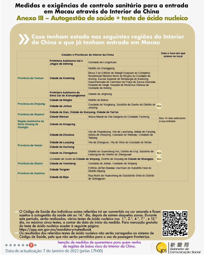 Medidas e exigências de controlo sanitário para a entrada em Macau de indivíduos de diferentes identidades.