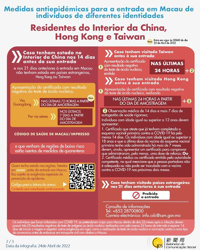 Medidas antiepidémicas para a entrada em Macau de indivíduos de diferentes identidades