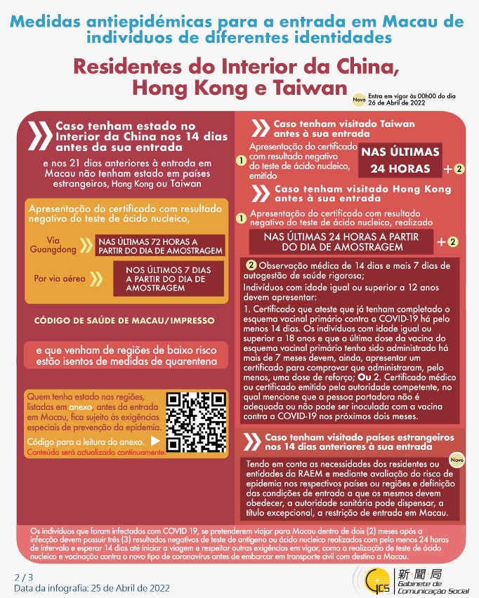 Medidas antiepidémicas para a entrada em Macau de indivíduos de diferentes identidades