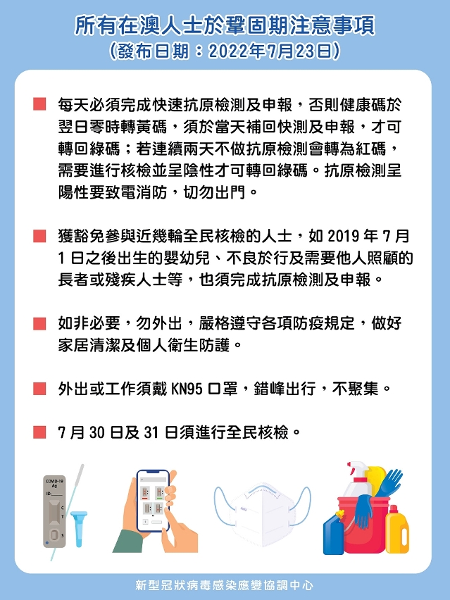 重點人群和工作人群核酸檢測（7月24至29日）_所有在澳人士於鞏固期注意事項
