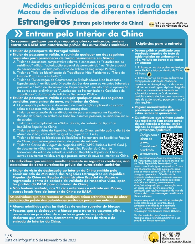 Medidas antiepidémicas para a entrada em Macau de indivíduos de diferentes identidades