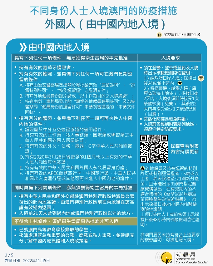 不同身份人士入境澳門的防疫措施