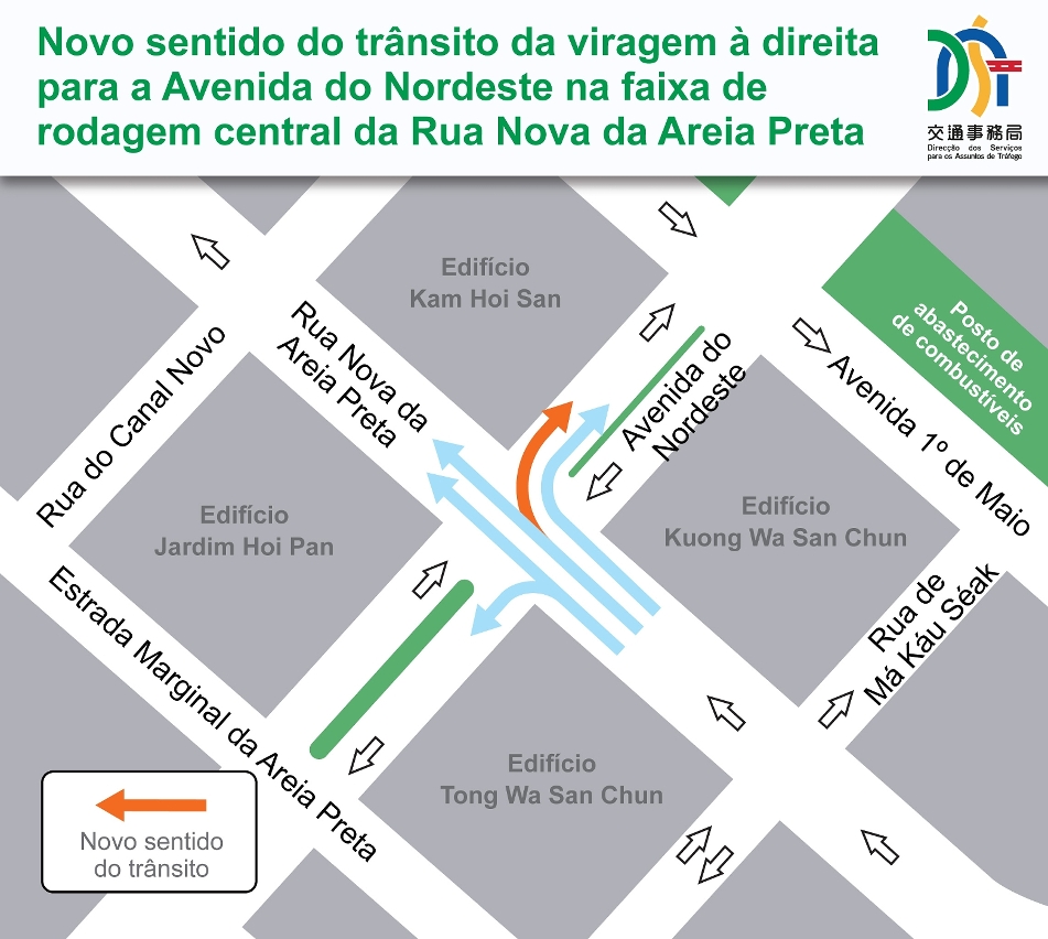 6. Novo sentido do trânsito da viragem à direita para a avenida do nordeste na faixa de rodagem central da rua nova da areia preta