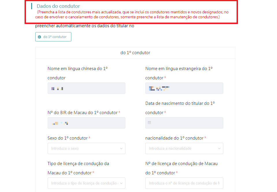 02. Requerentes de “substituição de condutor” devem preencher as informações de todos os condutores da nova combinação