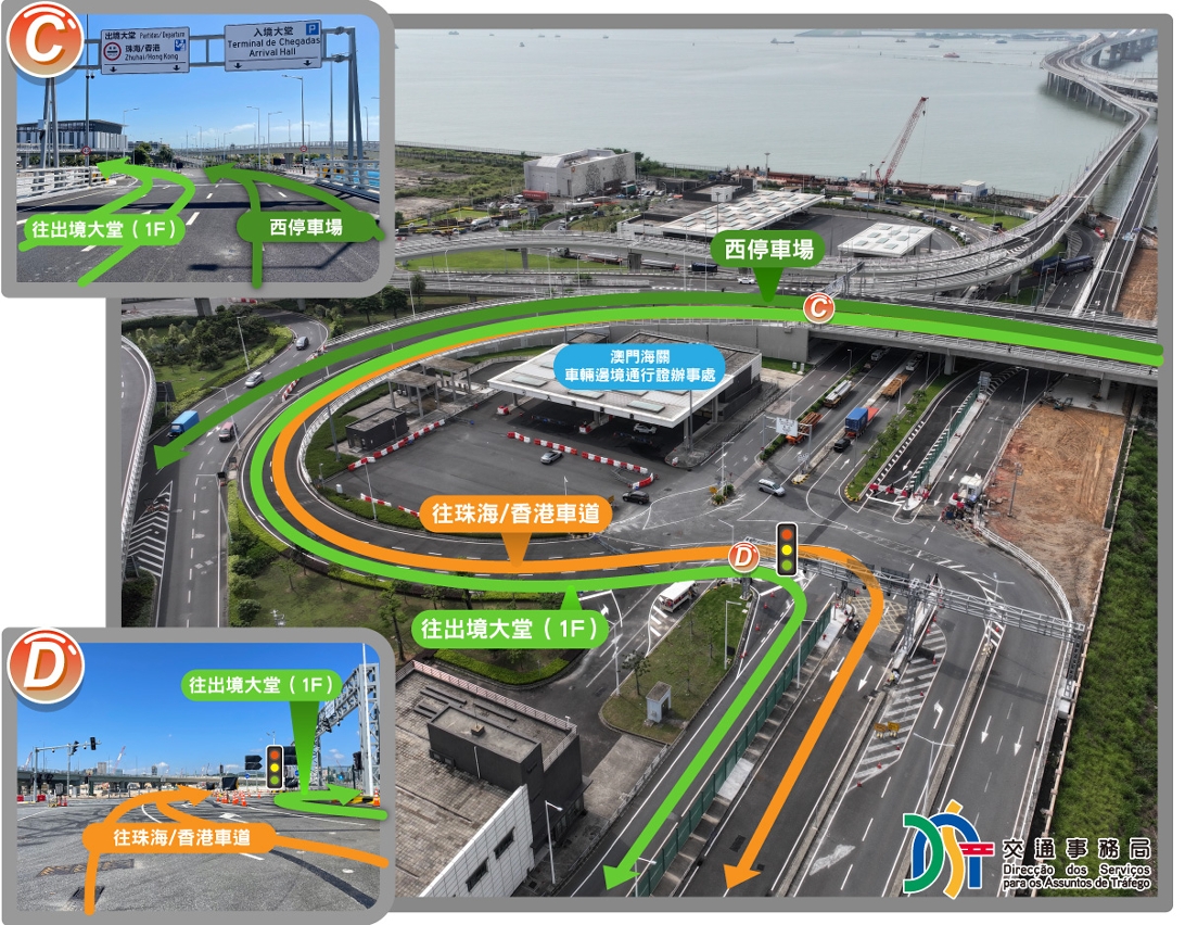 由風順大馬路前往出境大堂、往珠海/香港車道、西停車場之行車動線