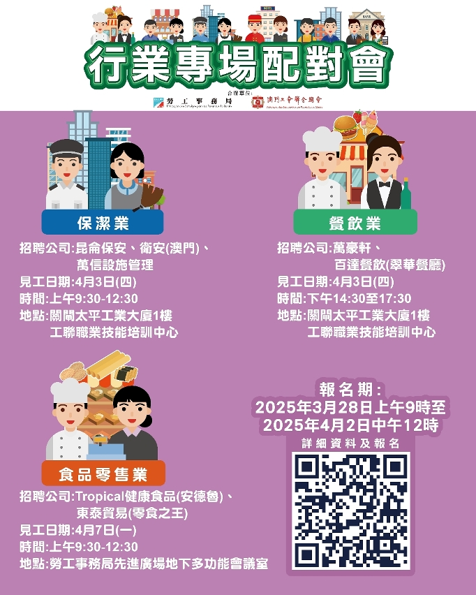 勞工局4月上旬舉辦3場配對會