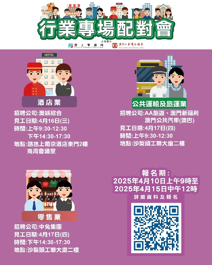 勞工局於4月第三周舉辦3場配對會提供79個職缺