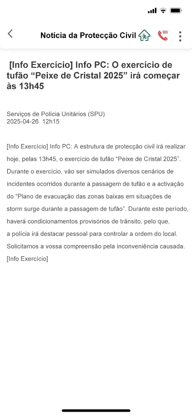 Exemplo das notícias de protecção civil