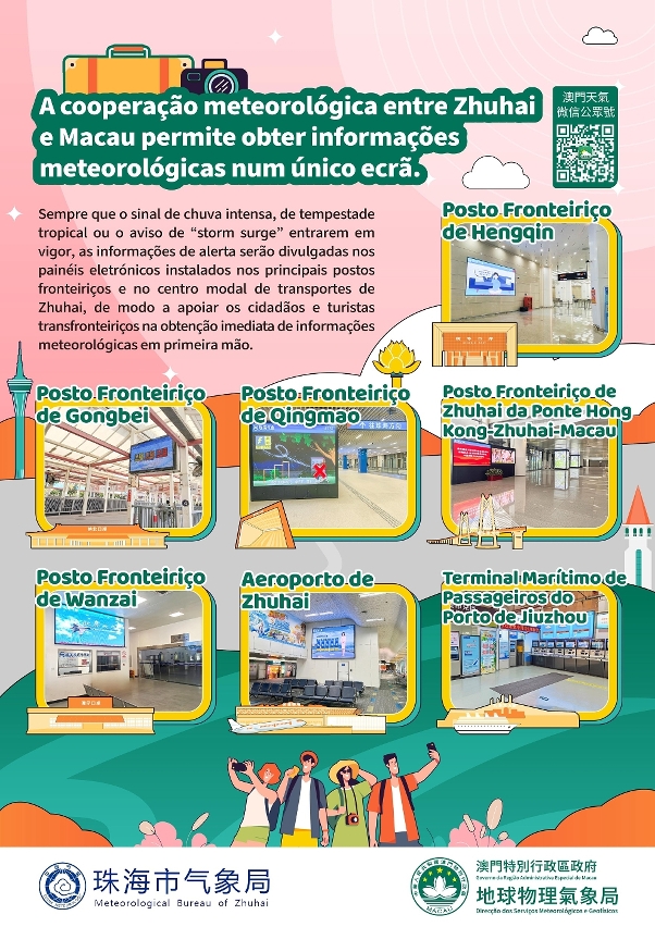 Avisos de chuvas intensas, tempestades tropicais e “storm surge” de Macau vão ser apresentados em ecrãs electrónicos nos principais postos fronteiriços de Zhuhai