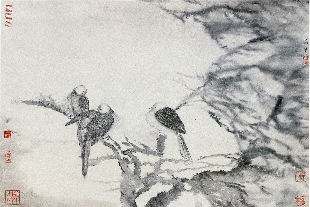 Obra de Zhang Yuxing denominada por “Qun Qi Zhi Tou Zhe Chun Chou” de 2006 que retrata essencialmente as flores e os pássaros.