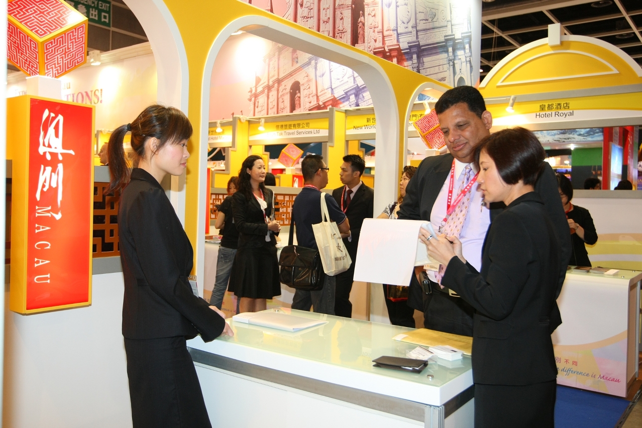 Portuguese style architecture booth promotes Macau at the Expo