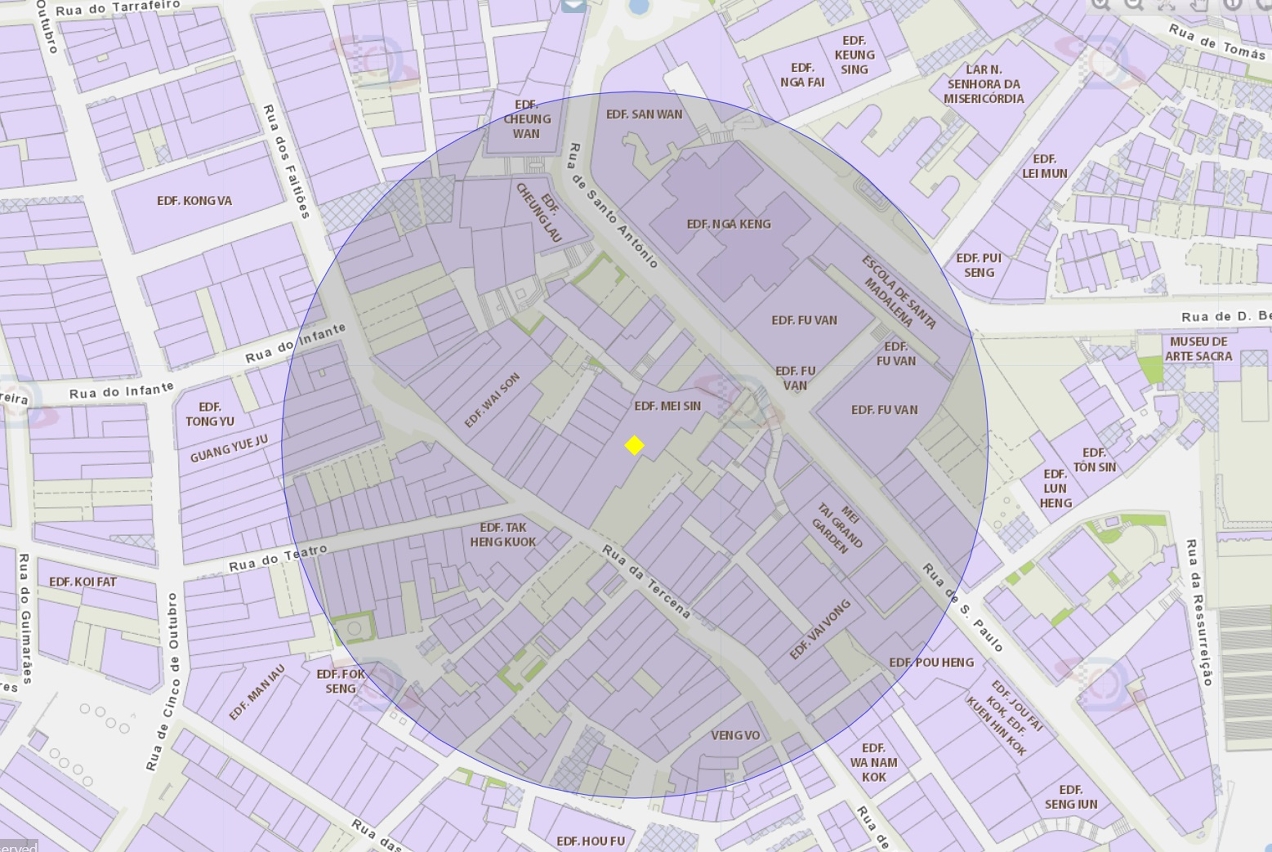 A área de risco, com um raio de 100 metros, circunda o Edifício Mei Sin, sito na Rua da Tercena.