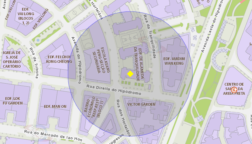A área de risco, com um raio de 100 metros, circunda Bloco IV do Edifício da Alameda da Tranquilidade, na Rua Direita do Hipódromo