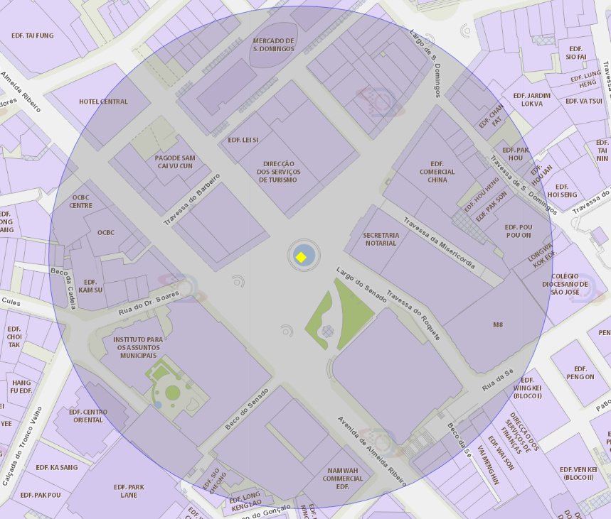 a área de risco com um raio de 100 metros, delimita o largo do senado