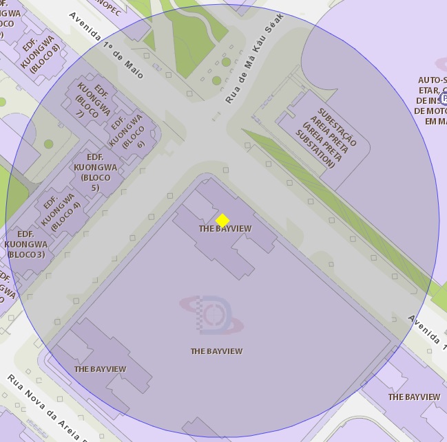 a área de risco com um raio de 100 metros, delimita o bloco 5 de the bayview (situado na avenida 1.º de maio, macau)
