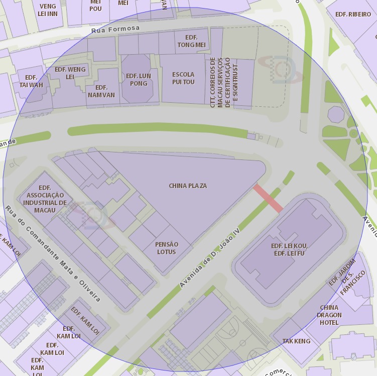a área de risco, com um raio de 100 metros, circunda a china plaza