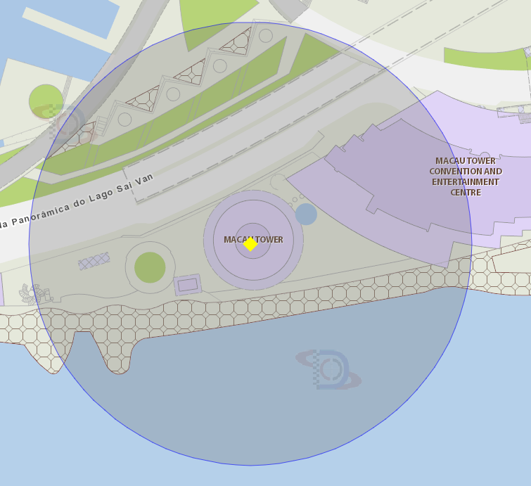 Zona de risco com um raio de 100 metros, perto do Centro de Convenções e Entretenimento da Torre de Macau