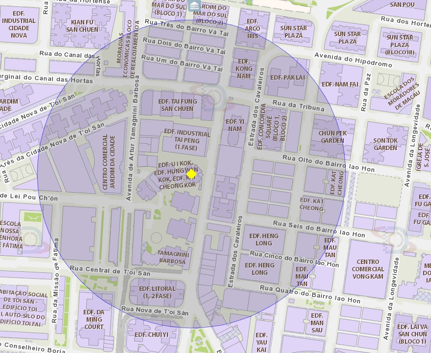Zona de risco num raio de 200 metros perto do Edifício U I KOK, sito no Istmo de Ferreira do Amaral, em Macau