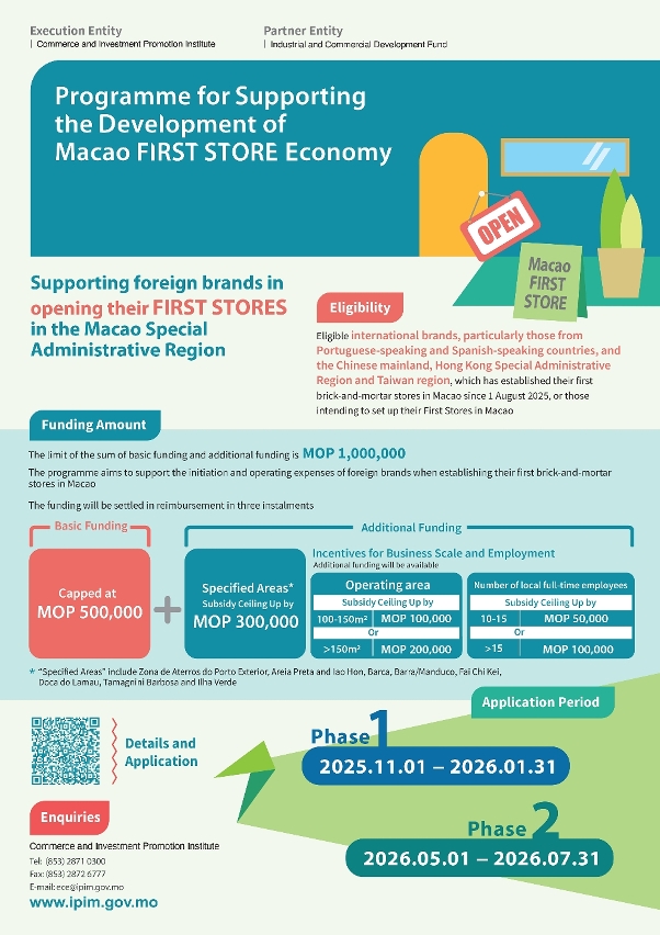 The first phase of application under the “Programme for Supporting the Development of Macao First Store Economy” runs from 1 November 2025 to 31 January 2026